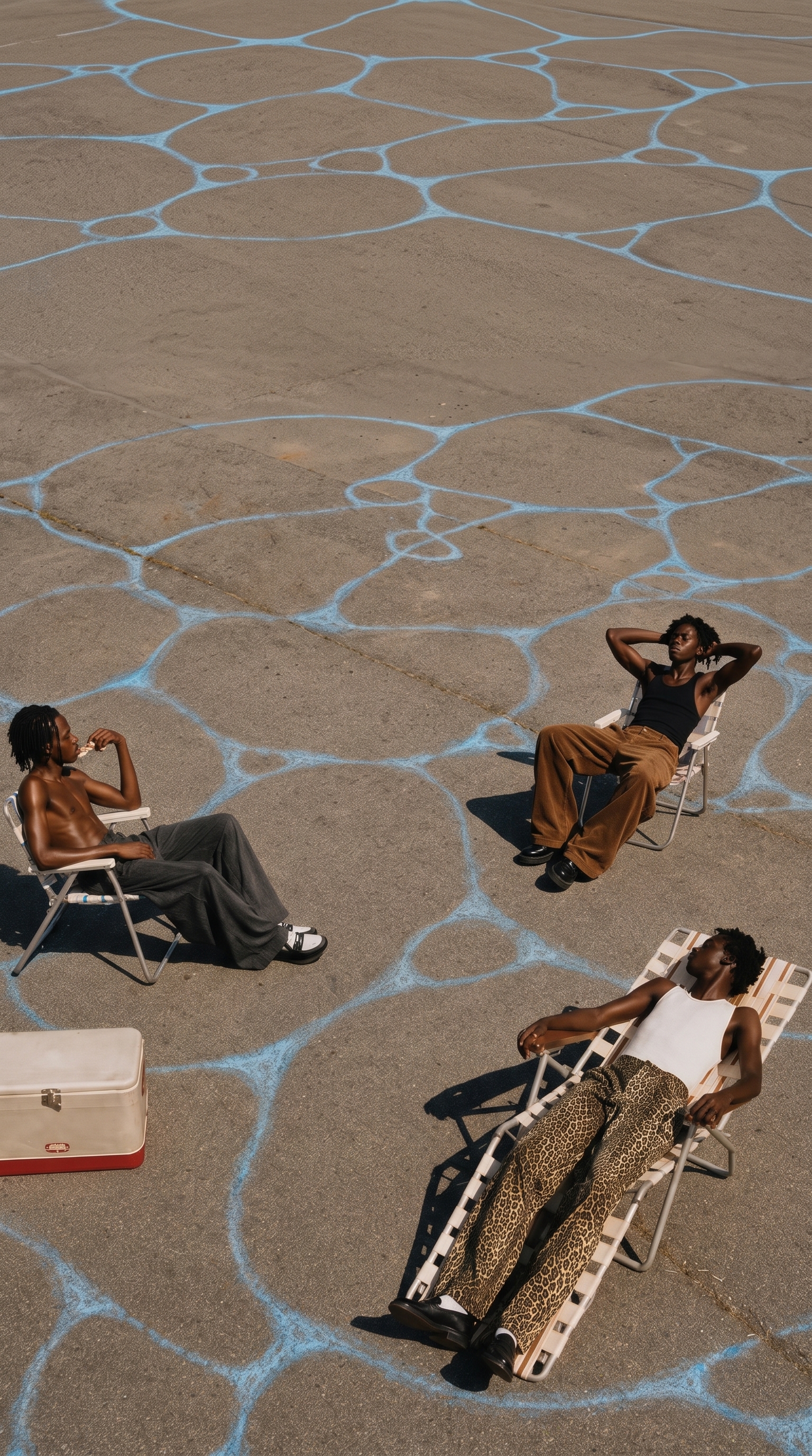 Three people relaxing in folding chairs on hand-painted blue ground markings, including oversized brown corduroy trousers