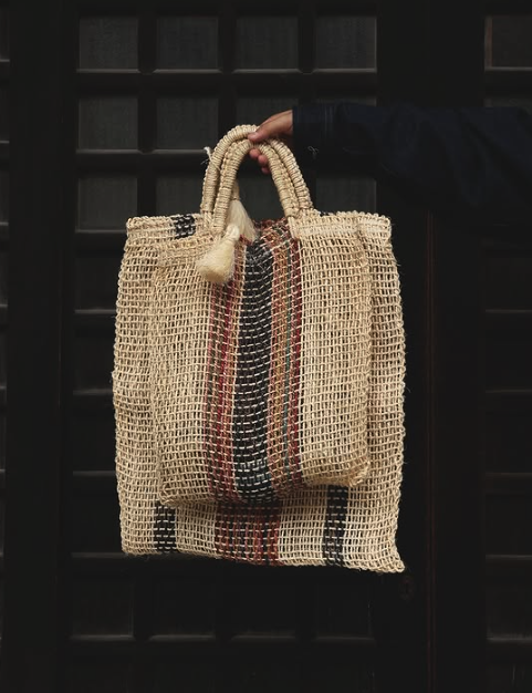 Large open-weave natural fibre tote with coloured woven stripes