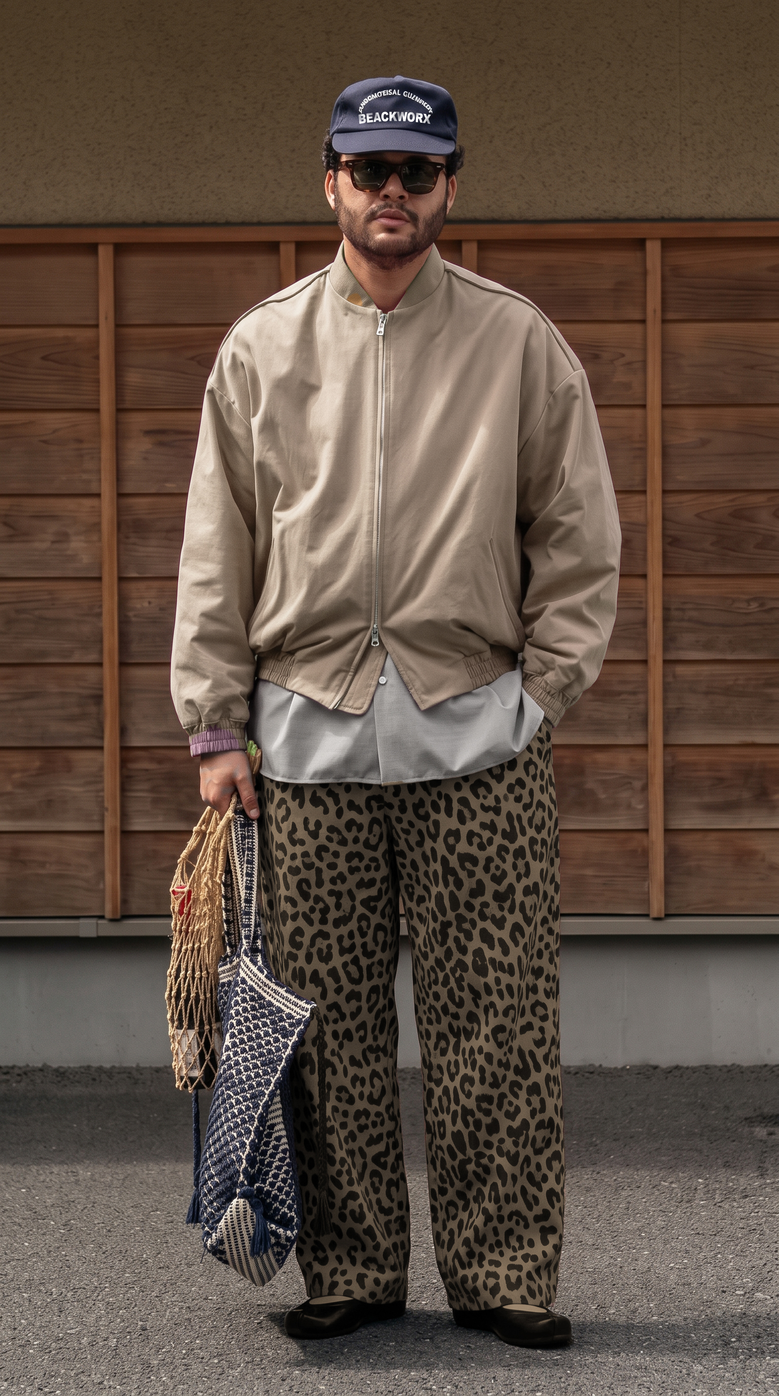 Layered neutral bomber look with oversized leopard trousers
